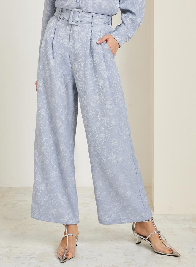 Styli Women Wide Leg Jacquard Pattern Belted Pants - Image 1